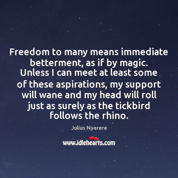 Freedom to many means immediate betterment, as if by magic. Unless I Julius Nyerere Picture Quote