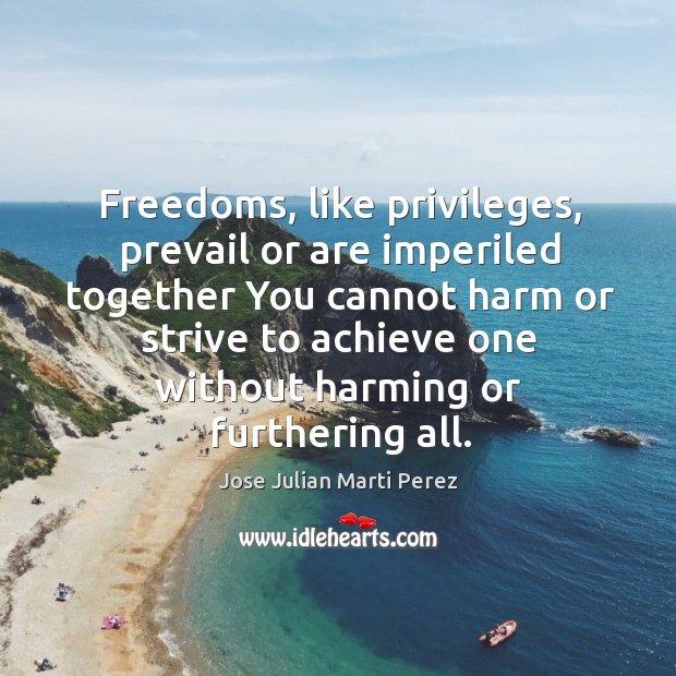 Freedoms, like privileges, prevail or are imperiled together you cannot harm or strive to Jose Julian Marti Perez Picture Quote