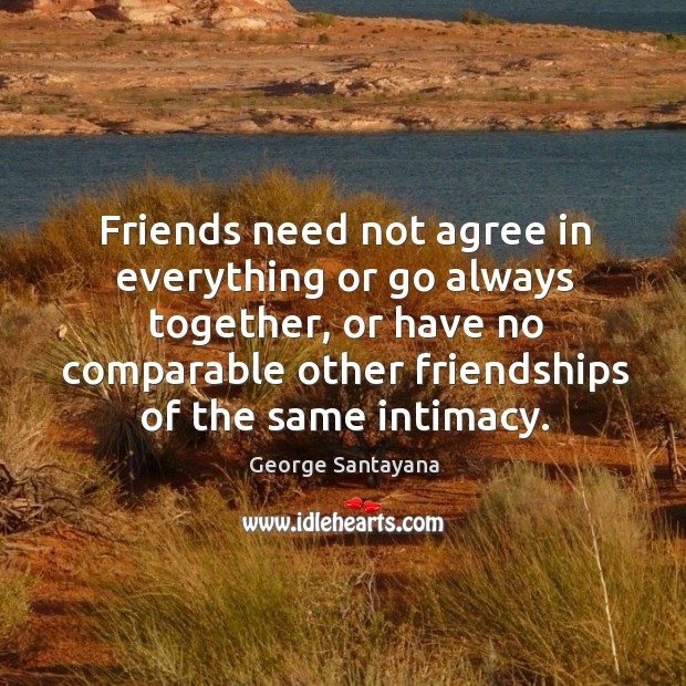 Friends need not agree in everything or go always together, or have no comparable other friendships of the same intimacy. George Santayana Picture Quote