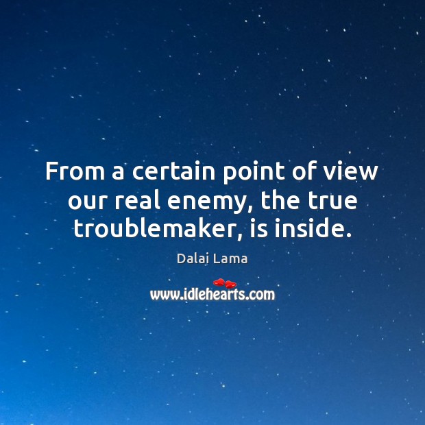 From a certain point of view our real enemy, the true troublemaker, is inside. Dalai Lama Picture Quote