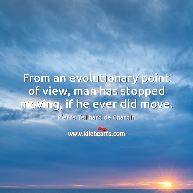 From an evolutionary point of view, man has stopped moving, if he ever did move. Pierre Teilhard de Chardin Picture Quote