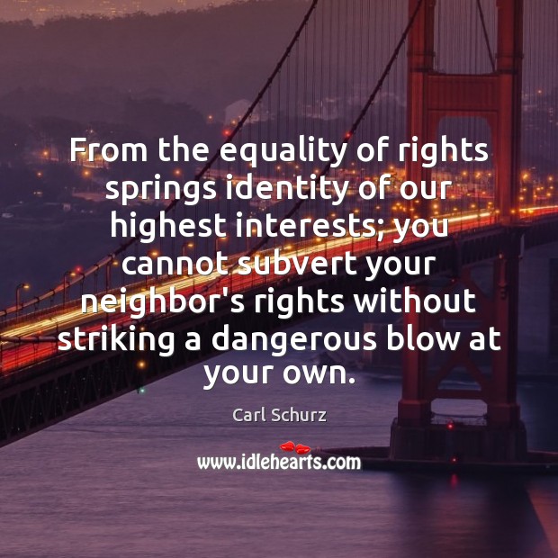 From the equality of rights springs identity of our highest interests; you Carl Schurz Picture Quote