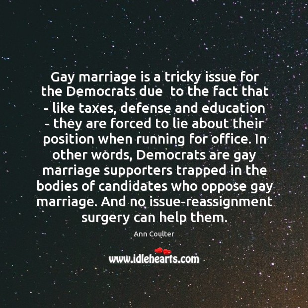 Gay marriage is a tricky issue for the Democrats due  to the Image
