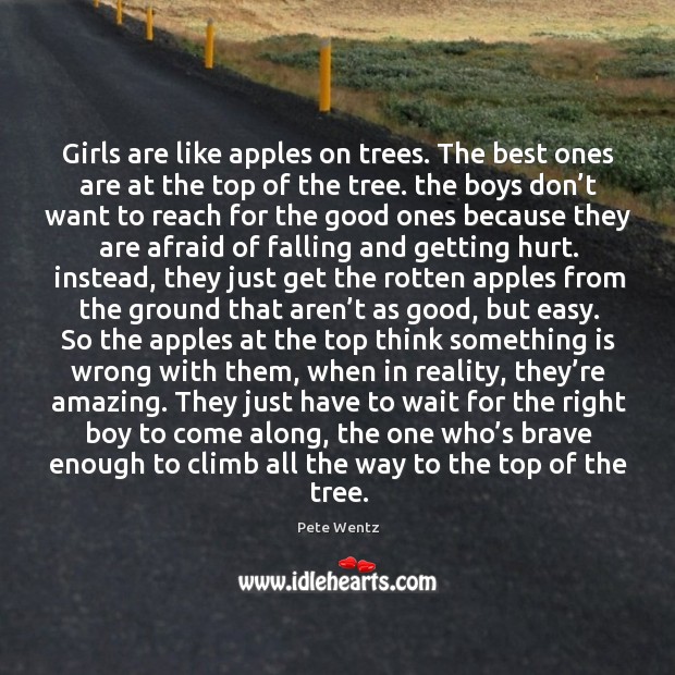 Girls are like apples on trees. The best ones are at the top of the tree. Pete Wentz Picture Quote