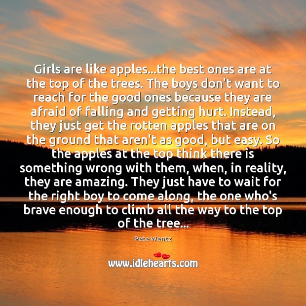 Girls are like apples…the best ones are at the top of Pete Wentz Picture Quote