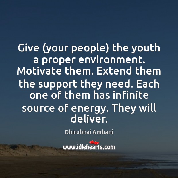 Give (your people) the youth a proper environment. Motivate them. Extend them Dhirubhai Ambani Picture Quote