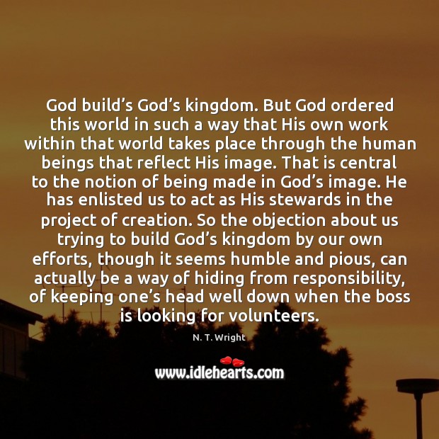 God build’s God’s kingdom. But God ordered this world in N. T. Wright Picture Quote