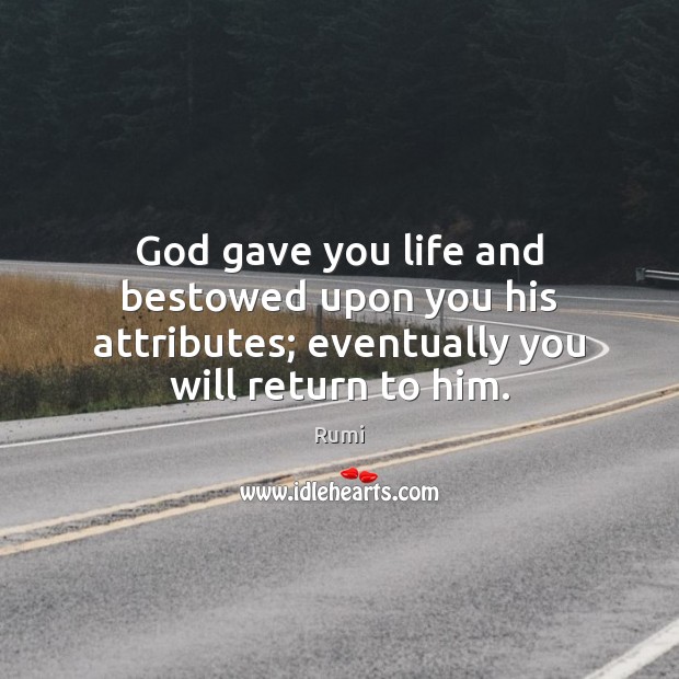 God gave you life and bestowed upon you his attributes; eventually you will return to him. Rumi Picture Quote