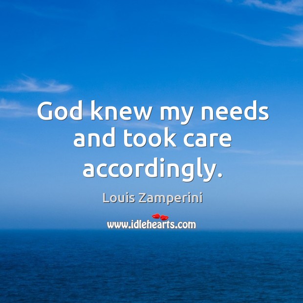 God knew my needs and took care accordingly. Louis Zamperini Picture Quote