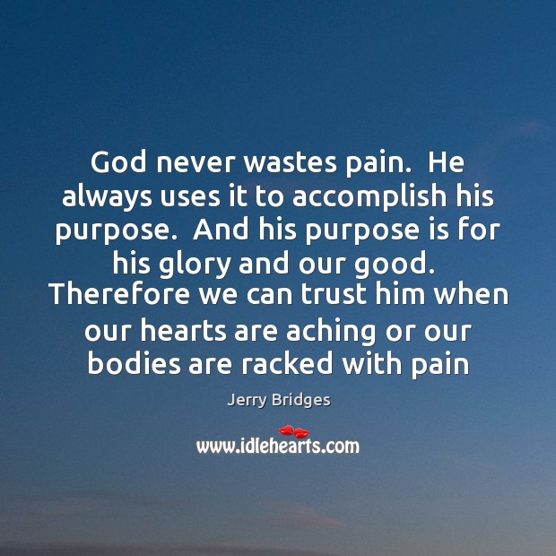 God never wastes pain.  He always uses it to accomplish his purpose. Jerry Bridges Picture Quote