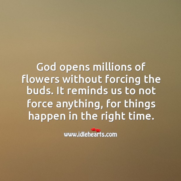 God opens millions of flowers without forcing the buds. God Quotes Image