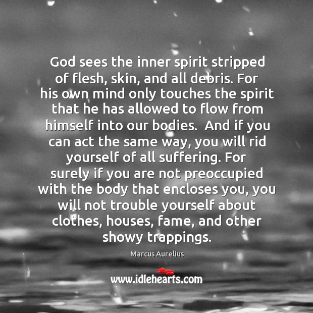 God sees the inner spirit stripped of flesh, skin, and all debris. Marcus Aurelius Picture Quote