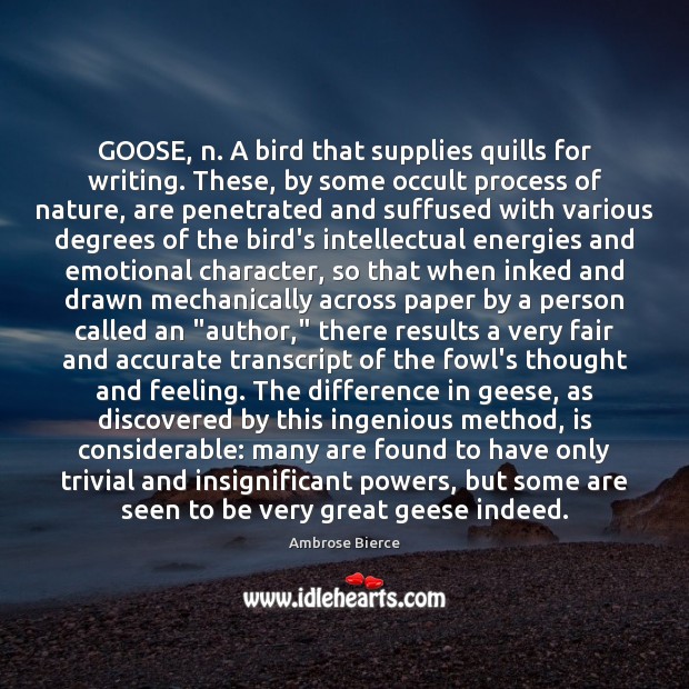 GOOSE, n. A bird that supplies quills for writing. These, by some 