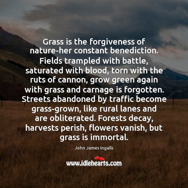 Grass is the forgiveness of nature-her constant benediction. Fields trampled with battle, John James Ingalls Picture Quote