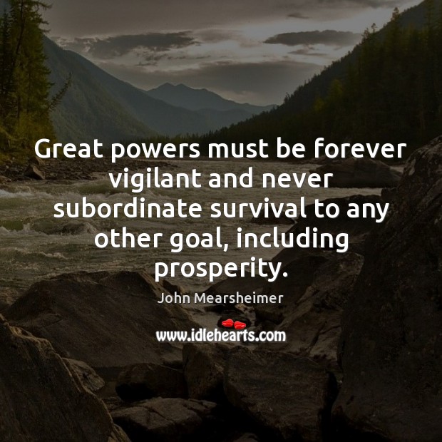 Great powers must be forever vigilant and never subordinate survival to any John Mearsheimer Picture Quote