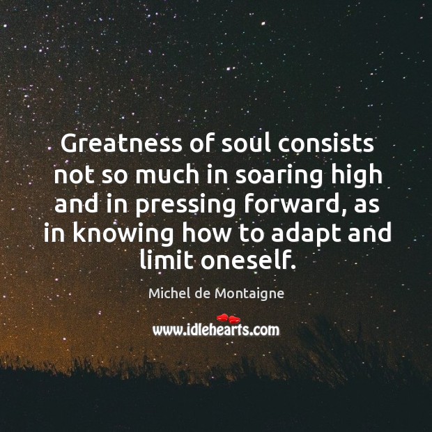 Greatness of soul consists not so much in soaring high and in pressing forward, as in knowing how to adapt and limit oneself. Image