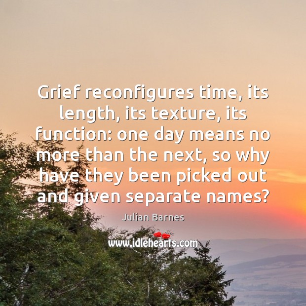 Grief reconfigures time, its length, its texture, its function: one day means Julian Barnes Picture Quote