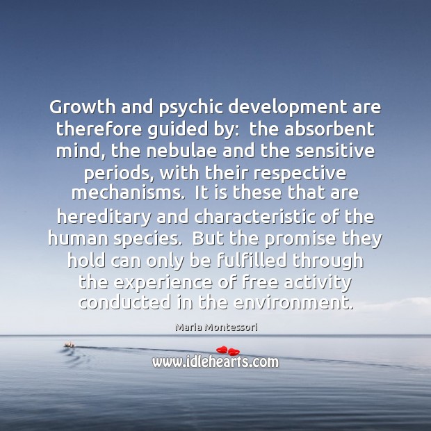 Growth and psychic development are therefore guided by:  the absorbent mind, the Maria Montessori Picture Quote