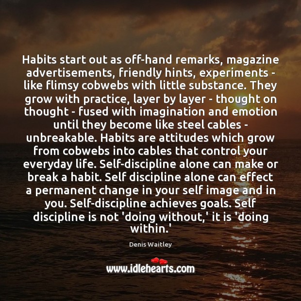 Habits start out as off-hand remarks, magazine advertisements, friendly hints, experiments – Denis Waitley Picture Quote