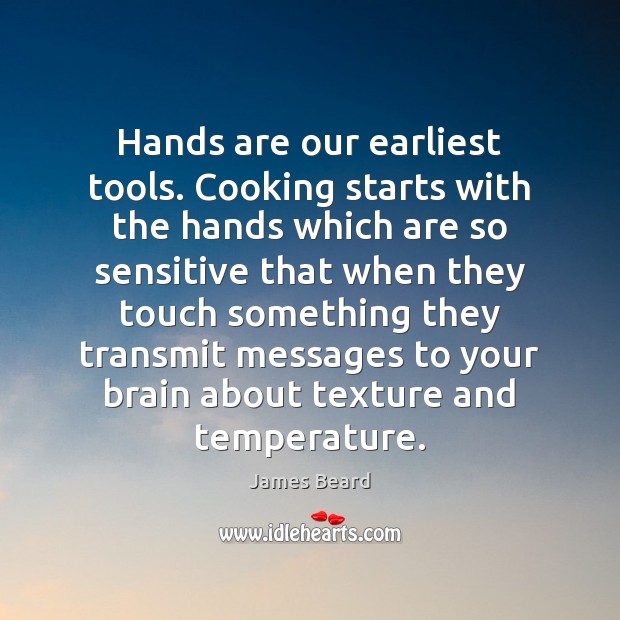 Hands are our earliest tools. Cooking starts with the hands which are James Beard Picture Quote
