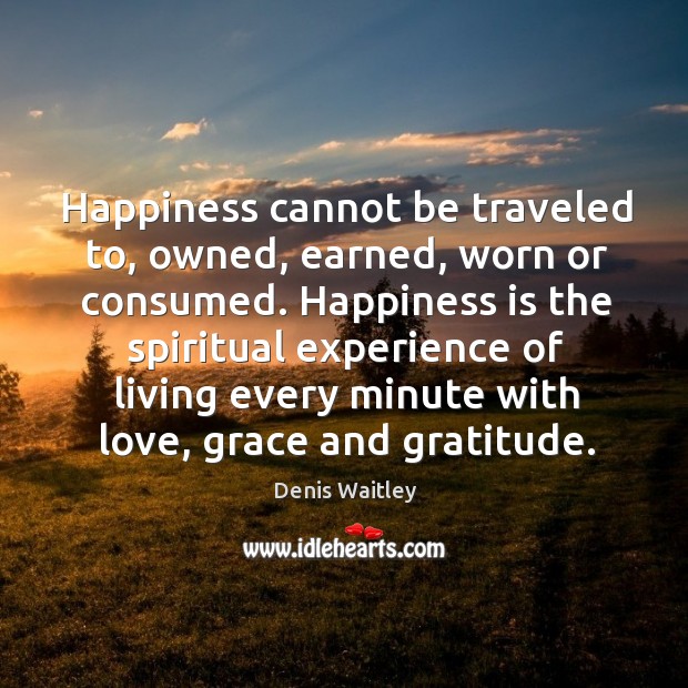 Happiness cannot be traveled to, owned, earned, worn or consumed. Denis Waitley Picture Quote