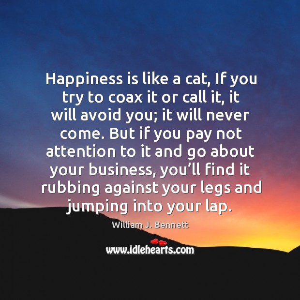 Happiness is like a cat, if you try to coax it or call it, it will avoid you; it will never come. William J. Bennett Picture Quote