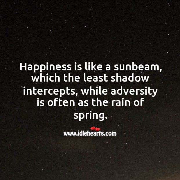 Happiness is like a sunbeam, which the least shadow intercepts, while adversity is often as the rain of spring. Happiness Quotes Image