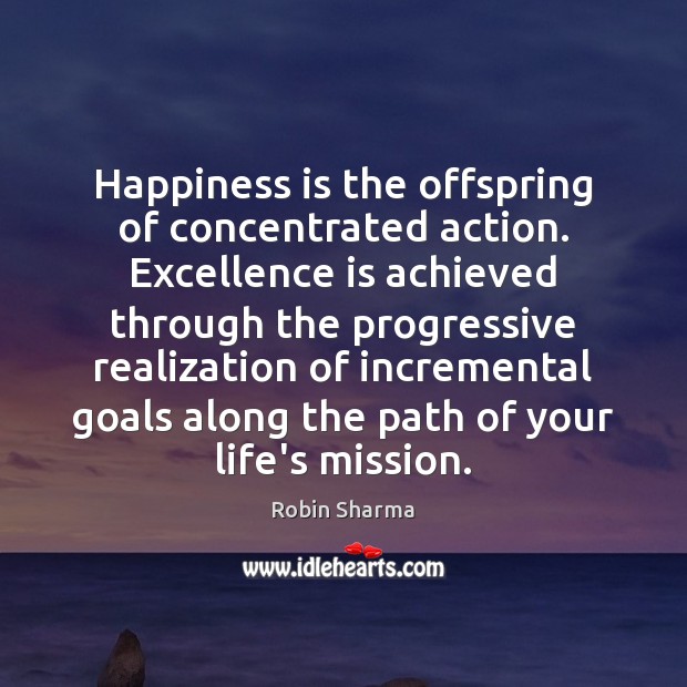 Happiness is the offspring of concentrated action. Excellence is achieved through the Robin Sharma Picture Quote