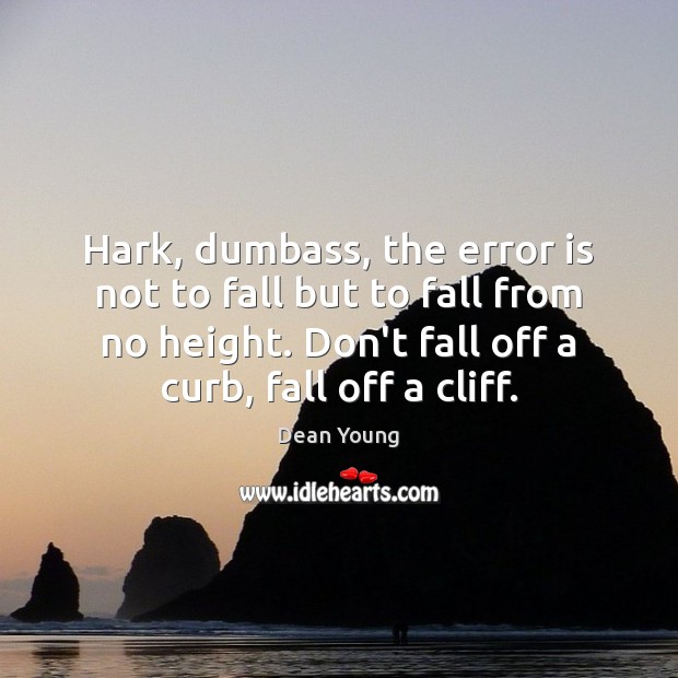 Hark, dumbass, the error is not to fall but to fall from Dean Young Picture Quote