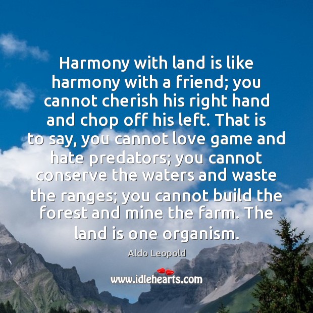 Harmony with land is like harmony with a friend; you cannot cherish Aldo Leopold Picture Quote