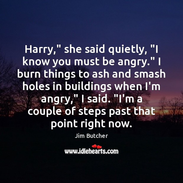 Harry,” she said quietly, “I know you must be angry.” I burn Jim Butcher Picture Quote