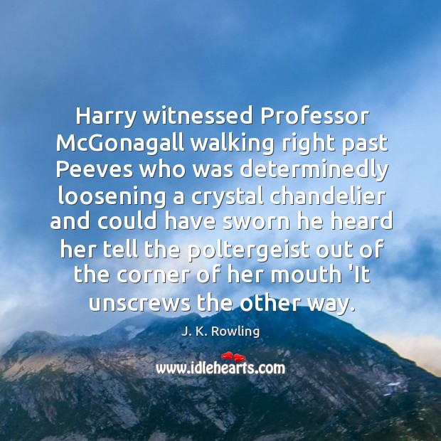 Harry witnessed Professor McGonagall walking right past Peeves who was determinedly loosening Image