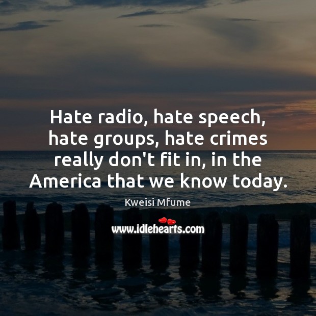 Hate radio, hate speech, hate groups, hate crimes really don’t fit in, Kweisi Mfume Picture Quote
