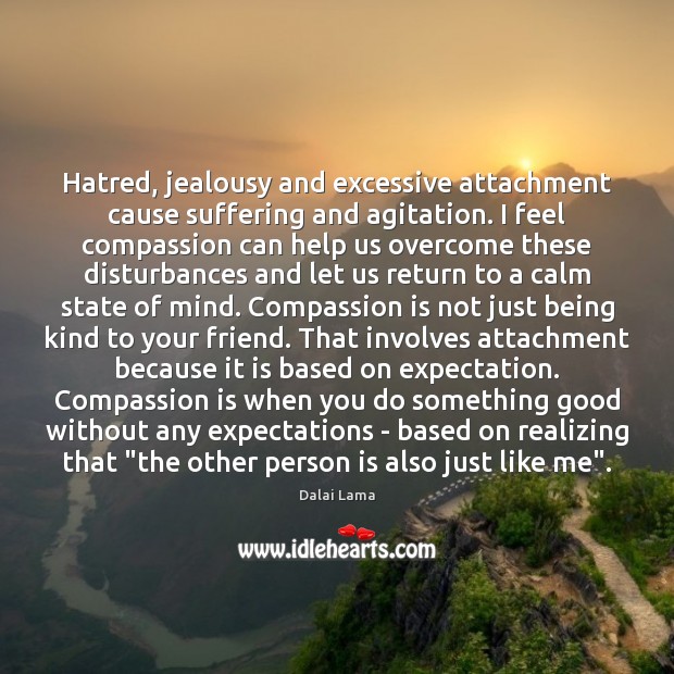 Hatred, jealousy and excessive attachment cause suffering and agitation. I feel compassion Dalai Lama Picture Quote