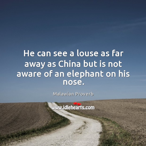 He can see a louse as far away as china but is not aware of an elephant on his nose. Malawian Proverbs Image