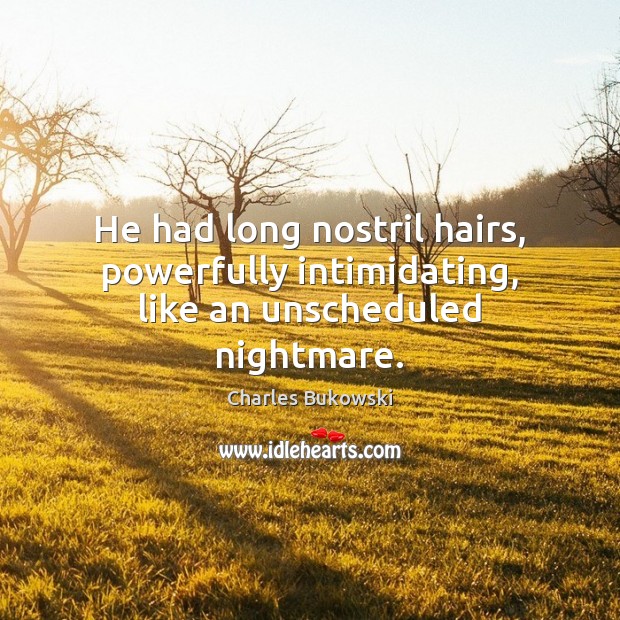 He had long nostril hairs, powerfully intimidating, like an unscheduled nightmare. 