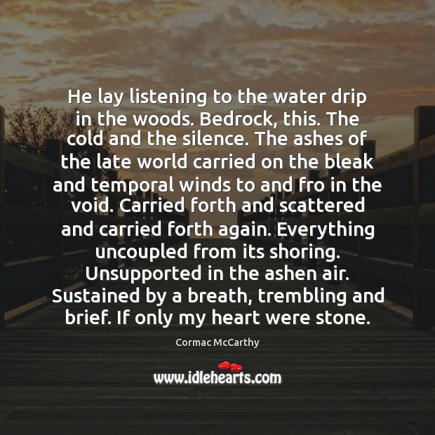 He lay listening to the water drip in the woods. Bedrock, this. Cormac McCarthy Picture Quote