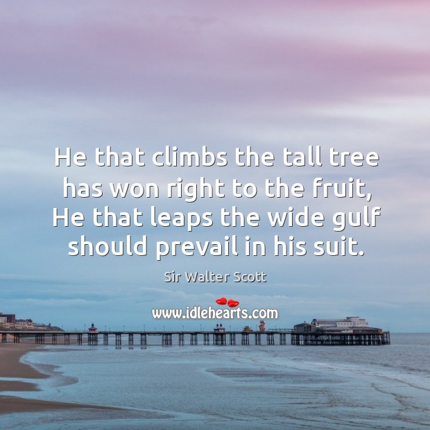 He that climbs the tall tree has won right to the fruit, he that leaps the wide gulf should prevail in his suit. Sir Walter Scott Picture Quote