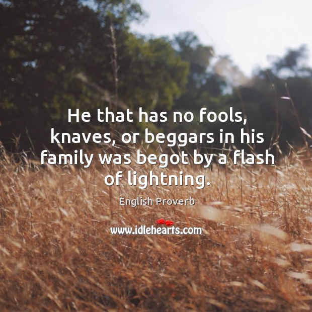 He that has no fools, knaves, or beggars in his family was begot by a flash of lightning. English Proverbs Image