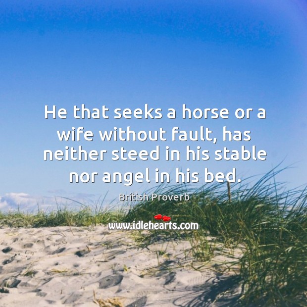 He that seeks a horse or a wife without fault, has neither steed in his stable nor angel in his bed. British Proverbs Image