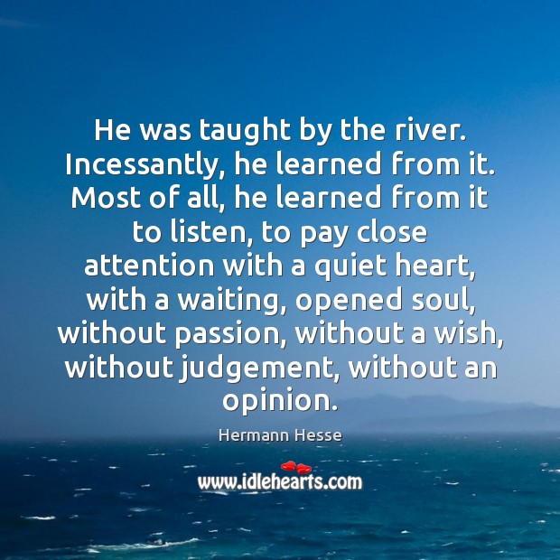 He was taught by the river. Incessantly, he learned from it. Most Hermann Hesse Picture Quote