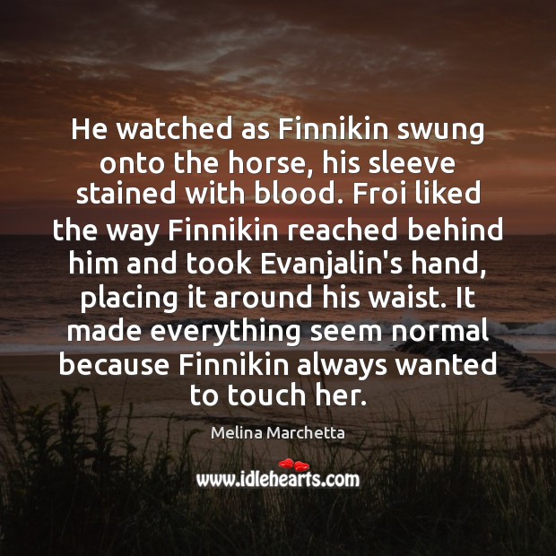 He watched as Finnikin swung onto the horse, his sleeve stained with Image