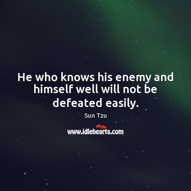 He who knows his enemy and himself well will not be defeated easily. Sun Tzu Picture Quote