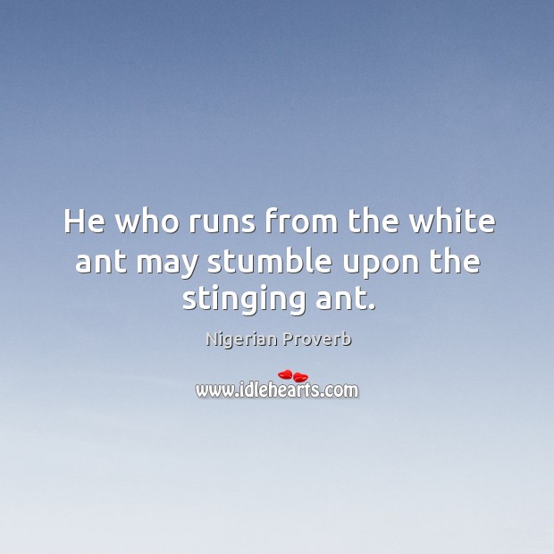He who runs from the white ant may stumble upon the stinging ant. Nigerian Proverbs Image