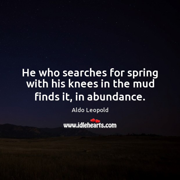 He who searches for spring with his knees in the mud finds it, in abundance. Aldo Leopold Picture Quote