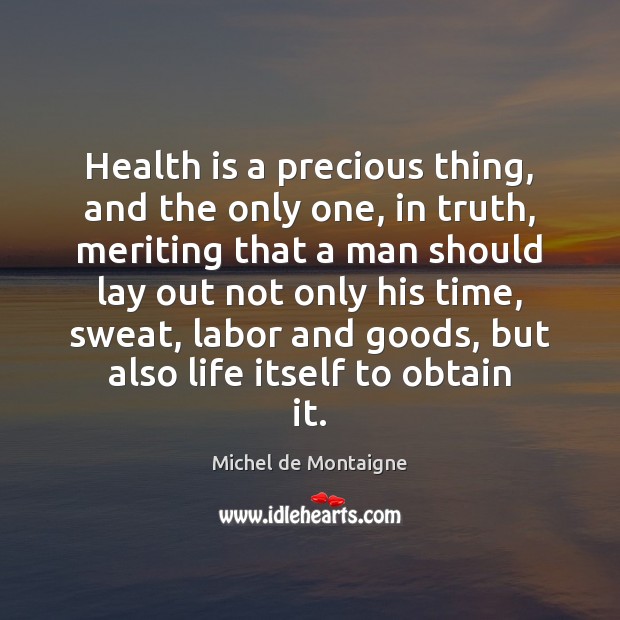 Health is a precious thing, and the only one, in truth, meriting Michel de Montaigne Picture Quote
