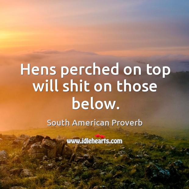 Hens perched on top will shit on those below. South American Proverbs Image