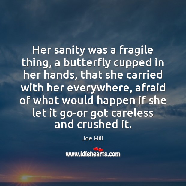 Her sanity was a fragile thing, a butterfly cupped in her hands, Joe Hill Picture Quote