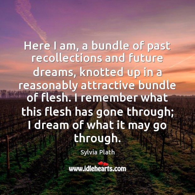 Here I am, a bundle of past recollections and future dreams, knotted Sylvia Plath Picture Quote