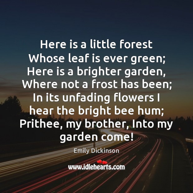 Here is a little forest Whose leaf is ever green; Here is Emily Dickinson Picture Quote